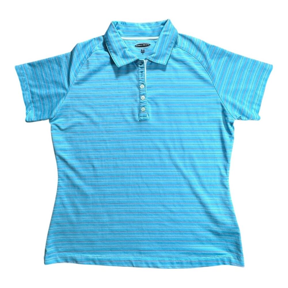 Pebble Beach Performance Golf Polo Womens Size L Blue Short Sleeve Shirt Striped